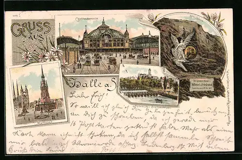 Lithographie Halle a. S., Marktplatz, Centralbahnhof, Portonbrücke und Burg Giebichenstein