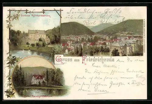 Lithographie Friedrichroda, Schloss Reinhardsbrunn, Hotel Reinhardsbrunn, Gesamtansicht