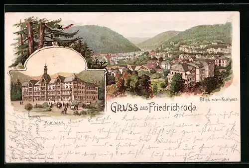 Lithographie Friedrichroda, Blick vom Kurhaus, Kurhaus