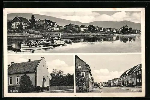 AK Vaake /Weser, Flusspartie mit Dampfer, Dorfstrasse, Kapelle