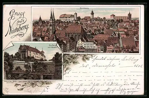 Lithographie Nürnberg, Ortsansicht aus der Vogelschau, Die Burg von Westen
