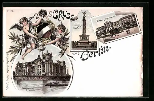 Lithographie Berlin-Tiergarten, Siegessäule, Generalstabgebäude, Reichstaggebäude