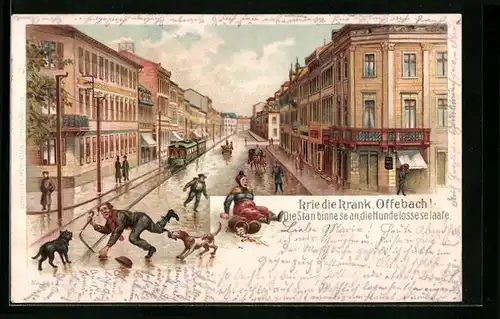 Künstler-AK Offenbach, Strassenpartie mit Krie die Kränk, Strassenbahn