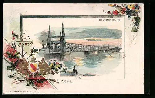 Präge-AK Kehl, Blick auf die Eisenbahnbrücke, Stadtwappen