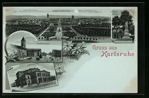 Mondschein-Lithographie Karlsruhe, Gesamtansicht aus der Vogelschau, Krieger-Denkmal, Marktplatz, Hoftheater