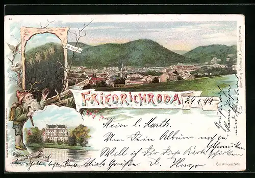 Lithographie Friedrichroda, Gesamtansicht, Schloss Reinhardsbrunn, 9.1.1899