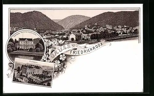 Lithographie Friedrichroda, Gesamtansicht, Kurhaus, Schloss Reinhardsbrunn