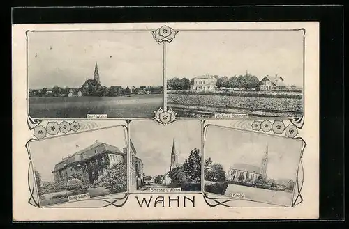 AK Köln-Wahn, Wahner Bahnhof, Kirche, Strasse v. Wahn, Burg Wahn