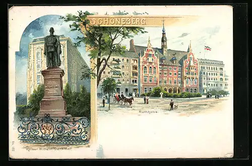 Lithographie Schöneberg, Kaiser Wilhelm-Denkmal, Rathaus
