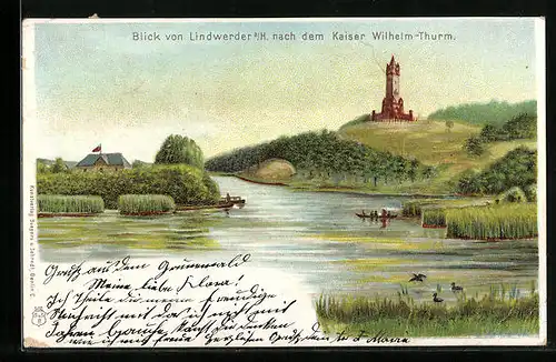 Lithographie Berlin-Lindwerder, Blick nach dem Kaiser Wilhelm-Thurm