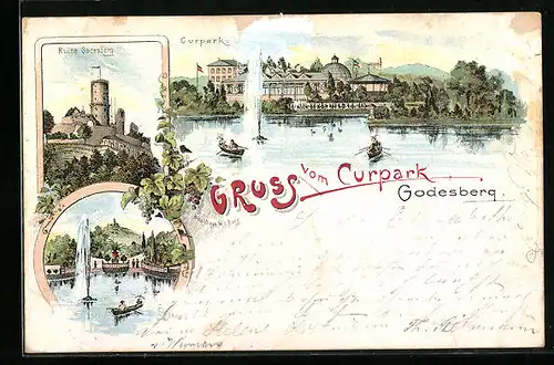 Lithographie Godesberg, Ruine, Curpark mit Booten