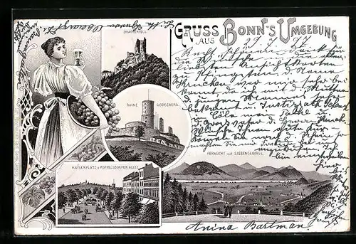 Lithographie Bonn, Drachenfels, Ruine Godesberg, Kaiserplatz