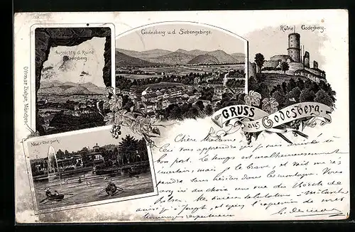 Lithographie Godesberg, Ruine, Ortsansicht u. d. Siebengebirge, Curpark