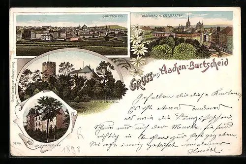 Lithographie Aachen-Burtscheid, Rosenbad u. Kurgarten, Frankenburg