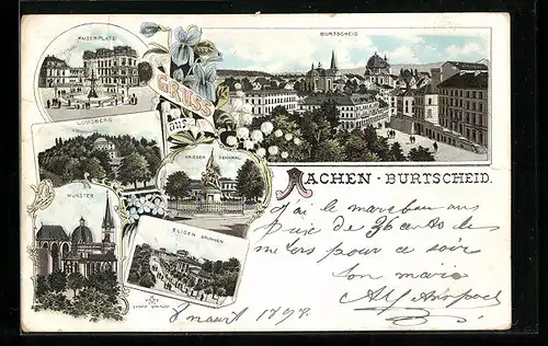 Lithographie Aachen-Burtscheid, Kaiserplatz, Lousberg, Münster