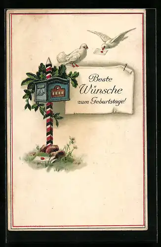 Präge-AK Zwei weisse Tauben am Briefkasten