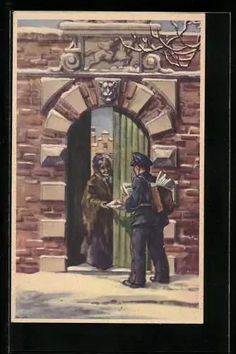 AK Postbote überbringt Dame einen Brief