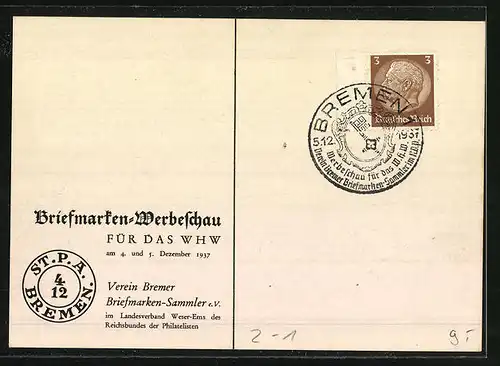 AK Bremen, Briefmarken-Werbeschau für das WHW 1937, Stadtpostamt