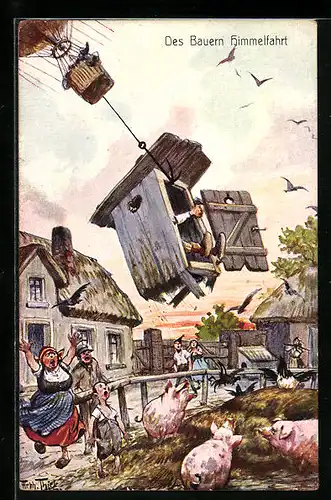 Künstler-AK Arthur Thiele: Des Bauern Himmelfahrt - Ballon angelt Klosetthäuschen mit Bauern darin
