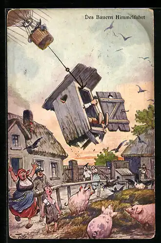 Künstler-AK Arthur Thiele: Des Bauern Himmelfahrt - Ballon angelt Klosetthäuschen mit Bauern darin
