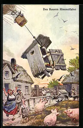 Künstler-AK Arthur Thiele: Des Bauern Himmelfahrt, Bauer wird während seiner Sitzung, mitsamt Abort entführt