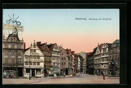 Goldfenster-AK Hamburg, Messberg und Klingberg, Wilhelm Hardt Eisenwaren, mit leuchtenden Fenstern
