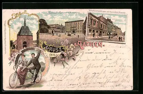 Lithographie Aachen, Marschierthor, Karlsbad und Kurhaus in Burtscheid, Komphausbadstrasse mit Suermodt-Museum