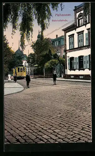 AK Maikammer, Partie an der Bahnhofstrasse mit Strassenbahn