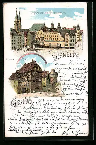 Lithographie Nürnberg, Albrecht Dürer Haus, Marktplatz mit Sebalduskirche