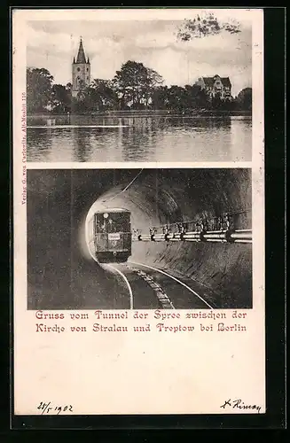 AK Berlin, Kirche in Stralau, U-Bahn im Tunnel