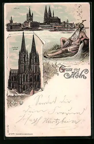 Lithographie Köln, Ortsansicht vom Fluss aus, Köln Dom