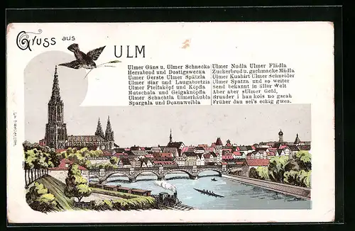 Lithographie Ulm, Gesamtansicht mit Fluss und Brücke