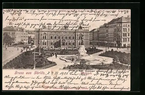 AK Görlitz, Postplatz mit Brunnen