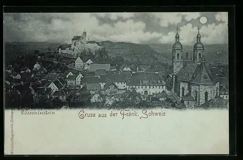 Mondschein-AK Gössweinstein /Fränk. Schweiz, Totalansicht mit Kirche