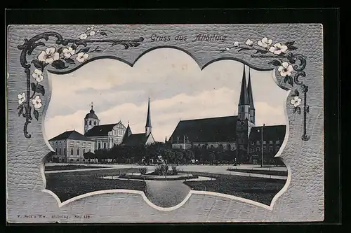 AK Altötting, Ortspartie mit Blick auf Kirche