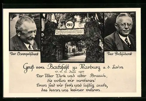 AK Bachfeld zu Marburg, Gasthaus 1937, Ehrenpräsident und Präsident, flagge