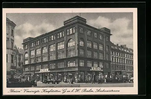 AK Berlin-Friedrichshain, Kaufhaus Union, Andreasstrasse Ecke Grosse Frankfurter Strasse