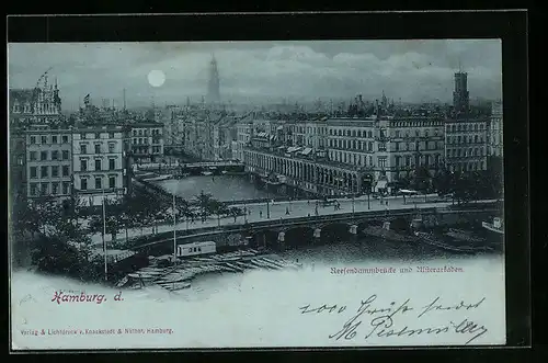 Mondschein-AK Hamburg, Reesendammbrücke und Ulsterarkaden