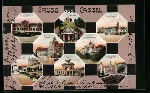 AK Cassel, Bahnhof, Rathaus, Auetor, Lutherplatz