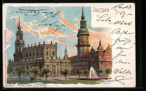 Lithographie Dresden, Kathol. Hofkirche u. Schloss