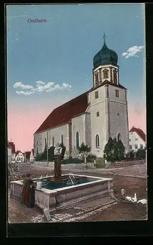 AK Oedheim, Strassenpartie mit Kirche und Brunnen