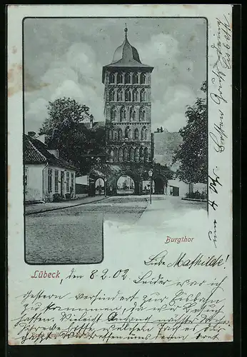 AK Lübeck, Strassenpartie am Burgthor