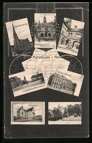 AK Mühlhausen i. Thür., Obermarktskirche, Lindenbühl m. Martinikirche, Partie am hohen Graben