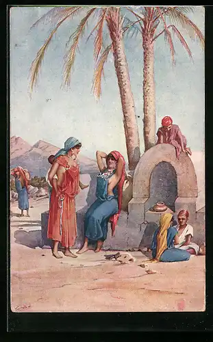 Künstler-AK Arabische Frauen und Kinder am Brunnen