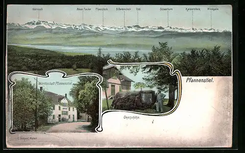 AK Pfannenstiel, Gasthaus Pfannenstiel, Okenshöhe, Bergpanorama mit Glärnisch, Tödi und Scheerhorn
