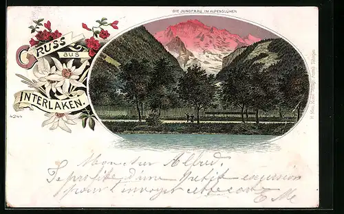 Lithographie Interlaken, Die Jungfrau im Alpenglühen