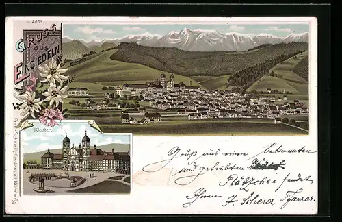 Lithographie Einsiedeln, Ortsansicht, Kloster