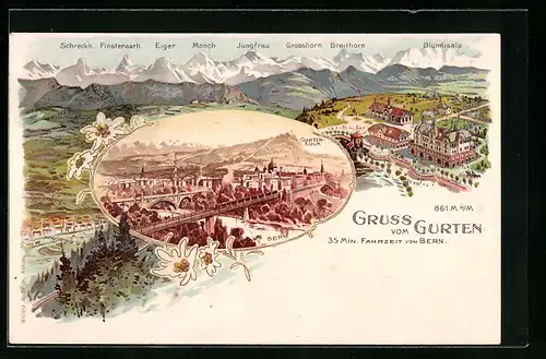 Lithographie Bern, Teilansicht mit Eisenbahnbrücke und Gurtenkulm, Hotel mit Eiger, Mönch und Jungfrau