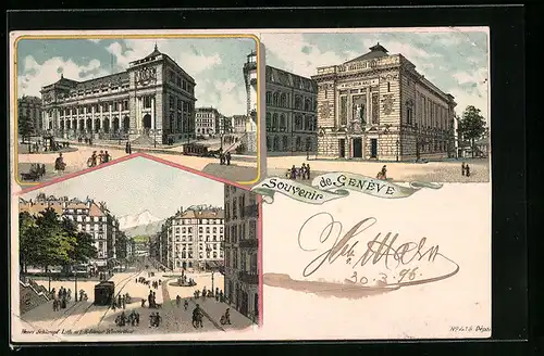 Lithographie Genève, Victoria Hall, Ortspartie, Strassenpartie mit Strassenbahn