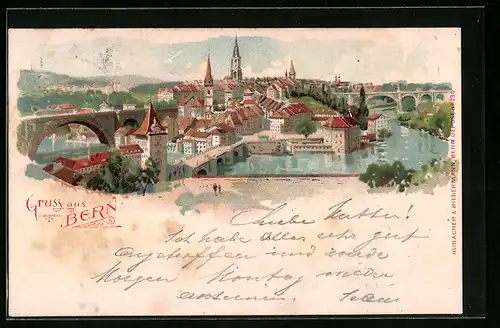 Lithographie Bern, Panoramablick auf die Stadt